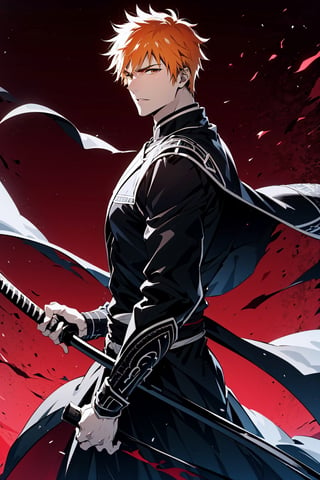 (masterpiece, best quality), , cowboy shot, solo, male focus, 1boy, kurosaki ichigo, slight smile, looking at viewer, short orange hair, brown eyes, japanese clothes, black kimono, Holding black katana, The whole body exudes black and red aura, black and red background,

(ultrahigh resolution textures), in dynamic pose, bokeh, (intricate details, hyperdetailed:1.15), detailed, HDR+, ,male