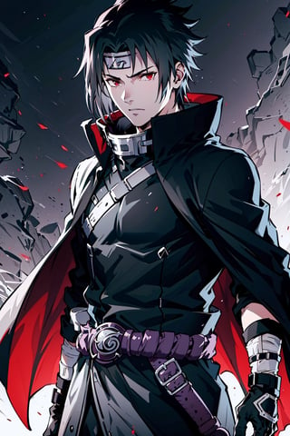 (masterpiece, best quality), , cowboy shot, solo, male focus, 1boy, Sasuke Uchiha, slight smile, looking at viewer, 
The left eye glows purple and the right eye glows red, spiky black hair with a blue tint. Sasuke's hair is long, very handsome. 
black cloak, a maroon cinch on the collar, and maroon lining. His long-sleeved shirt gains light grey cuffs, and he wears a pair of brown leather belts with a black sheath for his sword, 
The whole body exudes black and purple aura, black and purple background,

(ultrahigh resolution textures), in dynamic pose, bokeh, (intricate details, hyperdetailed:1.15), detailed, HDR+, ,male,Naruto uzumaki ,n4rut0,s4suk3