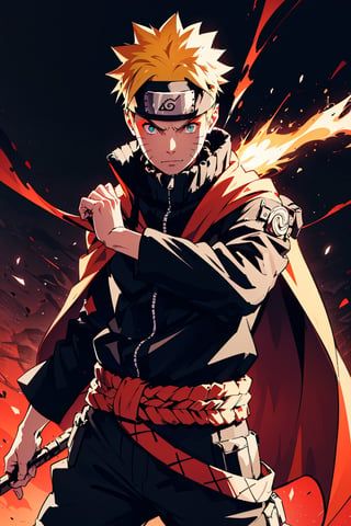 (masterpiece, best quality), , cowboy shot, solo, male focus, 1boy, Uzumaki Naruto, slight smile, looking at viewer, yellow-blond, spiky hair and blue eyes, His trademark characteristics are the three whisker markings on his cheeks. 
wears a black uniform jacket with an orange zipper and buttons on the waist and sleeves, black pants, a white cape that has a red flame pattern around the hem, is held together by a red rope. 
The whole body exudes black and red aura, black and red background,

(ultrahigh resolution textures), in dynamic pose, bokeh, (intricate details, hyperdetailed:1.15), detailed, HDR+, ,male,Naruto uzumaki ,n4rut0