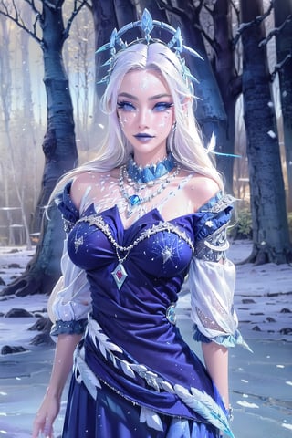 ((top-quality, 8K, masterpiece:1.3)), ((young woman, makeup, painted eyelashes:1.5)) ((1girl in, perfectly proportions, Beautiful body, Detailed skin, Detailed eyes, with long white hair, fair skin, blue eyes:1.5)), ((perfectly proportions, Beautiful body, showing your whole body:1.5)), ((wearing a in a beautiful expensive dark blue dress without shoulders with a slit on the chest made of fabric and feathers with patterns of flowers with sleeves, fabric necklace collar with patterns and precious stones, fur trim big diadema decorated with diamonds:1.5)),  ((in the park among trees shining in the morning glow and ice, Snowing:1.5)) ((Highly detailed facial and skin texture, high detailed eye:1.5)),Masterpiece,1 girl,1,photorealistic,AuroraIce,High detailed 