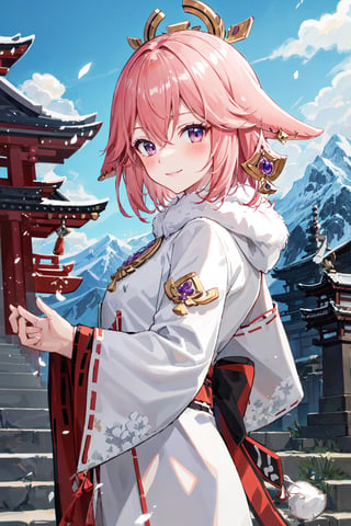 ((white and red full lenght fur coat, fur trim)), yaemikodef, upper body, smile, blush, outdoors, day, simple background, blue sky, short hair, sky, temple, looking at viewer, stairs, mountain, moody lighting, facing viewer