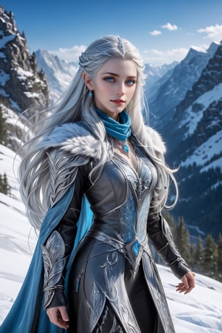 Extreme detailed,ultra Realistic,
beautiful young ELF lady,platinum silver shining hair, long elvish braid, side braid,Beautiful crystal blue eyes, fur collar,
Wearing leather tunic, hooded cloak, animal fur hood, intricate clothing, animal fur clothing, dark clothing, waistband, scarf, soft smile, bending posture, looking into the distance, 
snowy mountain scenery, overlooking valley, river, white clouds, seen from behind,ol1v1adunne,DonM3lv3sXL,niji6