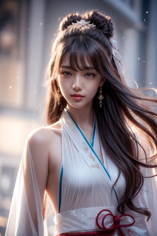 The background is midnight sky,big blue moon,dark night,snow blowing,16 yo, 1 girl,sword,halo,shining bracelet,beautiful hanfu(white, transparent),cape, cloth blowing in wind, solo, {beautiful and detailed eyes}, calm expression, natural and soft light, delicate facial features, cute japanese idol, very small earrings, ((model pose)), Glamor body type, (dark hair:1.2),  beehive,big bun,very_long_hair, スクール水着，hair past hip, curly hair, flim grain, realhands, masterpiece, Best Quality, photorealistic, ultra-detailed, finely detailed, high resolution, perfect dynamic composition, beautiful detailed eyes, eye smile, ((nervous and embarrassed)), sharp-focus, full_body, sexy pose,cowboy_shot,ruanyi0060