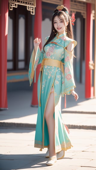 (happy laugh:0.7),A beautiful female college student with big, expressive eyes, touched face, surreal, other focus, lively and vibrant, possessing a great temperament and a charming long haircut, A girl in the wild, Standing on ground, girls, soft color,Realism, Chinese ancient costume,ancient chinese palace