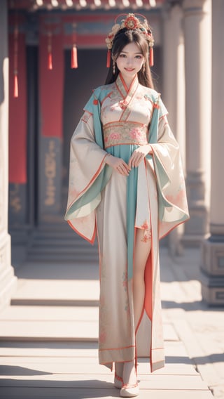 (happy laugh:0.7),A beautiful female college student with big, expressive eyes, touched face, surreal, other focus, lively and vibrant, possessing a great temperament and a charming long haircut, A girl in the wild, Standing on ground, girls, soft color,Realism, Chinese ancient costume,ancient chinese palace