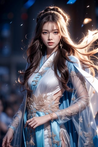 The background is midnight sky,big blue moon,dark night,snow blowing,16 yo, 1 girl,sword,halo,shining bracelet,beautiful hanfu(white, transparent),cape, cloth blowing in wind, solo, {beautiful and detailed eyes}, calm expression, natural and soft light, delicate facial features, cute japanese idol, very small earrings, ((model pose)), Glamor body type, (dark hair:1.2),  beehive,big bun,very_long_hair, hair past hip, curly hair, flim grain, realhands, masterpiece, Best Quality, photorealistic, ultra-detailed, finely detailed, high resolution, perfect dynamic composition, beautiful detailed eyes, eye smile, ((nervous and embarrassed)), sharp-focus, full_body, sexy pose,cowboy_shot,ruanyi0060