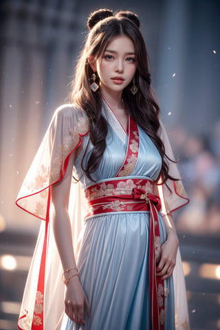 The background is midnight sky,big blue moon,dark night,snow blowing,16 yo, 1 girl,sword,halo,shining bracelet,beautiful hanfu(white, transparent),cape, cloth blowing in wind, solo, {beautiful and detailed eyes}, calm expression, natural and soft light, delicate facial features, cute japanese idol, very small earrings, ((model pose)), Glamor body type, (dark hair:1.2),  beehive,big bun,very_long_hair, hair past hip, curly hair, flim grain, realhands, masterpiece, Best Quality, photorealistic, ultra-detailed, finely detailed, high resolution, perfect dynamic composition, beautiful detailed eyes, eye smile, ((nervous and embarrassed)), sharp-focus, full_body, sexy pose,cowboy_shot,ruanyi0060