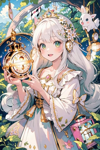 (masterpiece, best quality, highres:1.3), ultra resolution image, (1girl), (solo), kawaii, white hair, fluffy clouds, sweet, stuffed animal, tree house, lantern softly glowing, fantasy, dreamy, joyful energy, gentle, dreamy, cozy, charm of childhood, (nature music box:1.5), tiny flower crown, delight, innocent, liveliness, nature accessories, garden, gentle breeze