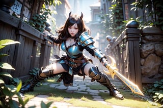 A cinematic shot frames the 20-year-old Korean beauty cosplaying as a World of Warcraft warrior. Softly lit by warm sunlight, her damaged metal armor and metal combat boots gleam in the afternoon light. A blue glow emanates from the battle axe she wields, held firmly in place with her giant shield at the ready. Yellow energy aura radiates from her body, creating an ink-splash effect on the surrounding environment. She stands victorious in a combat stance, facing the square in front of Stormwind's gate, where a defeated dark green World of Warcraft orc lies motionless on the ground. The 8k masterpiece is a testament to her unwavering determination and unyielding strength.