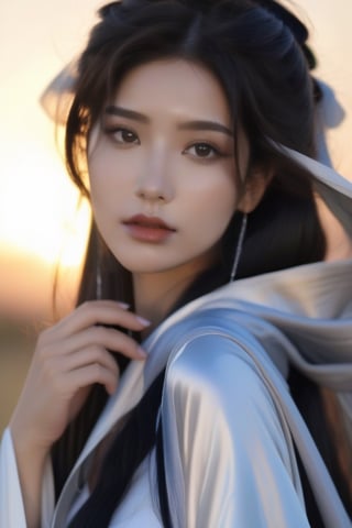 (RAW photo, best quality, masterpiece, ultra-detailed, high res), (realistic),(extremely delicate and beautiful:1), mesmerizing picture of beautiful girl with long black hair,, ((wearing a long silver satin cape tied at the neck with a ribbon:1.20)) , silver top and short skirt , highly detailed, extremely high-resolution details, photographic, realism pushed to extreme, fine texture, 4k, ultra-detailed, high quality, high contrast 