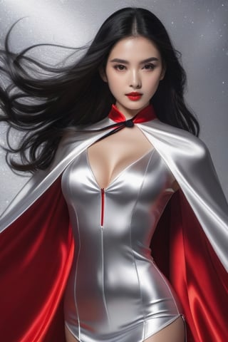 (RAW photo, best quality, masterpiece, ultra-detailed, high res), (realistic),(extremely delicate and beautiful:1), mesmerizing picture of beautiful girl with long black hair,, wearing a long silver and red lined satin cape tied at the neck with a ribbon , silver leotard and short skirt , highly detailed, extremely high-resolution details, photographic, realism pushed to extreme, fine texture, 4k, ultra-detailed, high quality, high contrast 