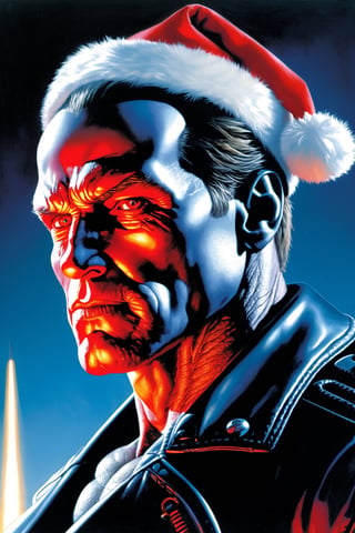 ((Terminator smiling with a Santa Claus hat, Alex Ross stile, Marvel comic cover illustration,))(Masterpiece, Best quality), (finely detailed eyes), (finely detailed eyes and detailed face), (Extremely detailed CG, Ultra detailed, Best shadow), Beautiful conceptual illustration, (illustration), (extremely fine and detailed), (Perfect details), (Depth of field)