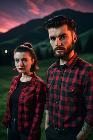 A 18 years boy and a 20 years old girl, (black short beard, quiff hair, black and red check shirt, moody lighting, best quality, full body portrait, real picture, intricate details, depth of field, in a green mountain night, lighting, Fujifilm XT3, outdoors, bright day, Beautiful lighting, RAW photo, 8k uhd, film grain, unreal engine, big boobs 