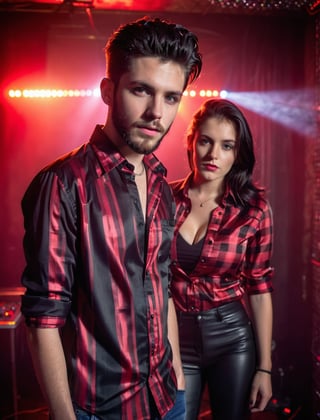 17 years old a boy, with a girl,  normal black long quiff hair, black short beard, black shirt, girl wear  tight red and black check shirt, moody lighting, best quality, full body portrait, real picture, intricate details, depth of field, in a disco, night lighting, Fujifilm XT3, outdoors, bright day, Beautiful lighting, RAW photo, 8k uhd, film grain, unreal engine, big boobs,Indian Model