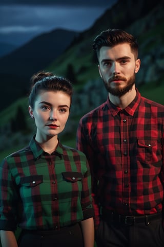 A 18 years boy and a 20 years old girl, (black short beard, quiff hair, black and red check shirt, moody lighting, best quality, full body portrait, real picture, intricate details, depth of field, in a green mountain night, lighting, Fujifilm XT3, outdoors, bright day, Beautiful lighting, RAW photo, 8k uhd, film grain, unreal engine, big boobs 