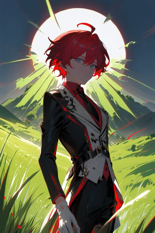 1 boy, alone, short hair, red hair, pixie cut, bangs, ahoge, gray eyes, expressionless, black suit, black tie, black jacket, white vest, red shirt, black pants, white gloves, decorated clothes, perfect light, hills, green grass,niji5, from below