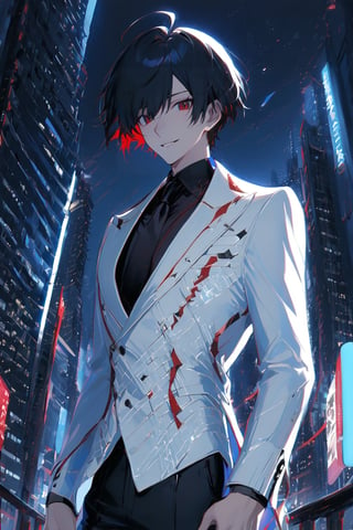 1 boy, alone, short hair, black hair, straight hair, pixie cut, bangs, ahoge, red eyes, smile, white suit, white jacket, blue vest, black shirt, black pants, pale gray tie, decorated clothes, perfect light , night city, niji5, cowboy shot