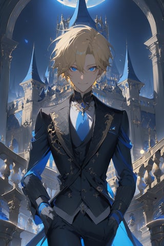 1 boy, alone, short hair, pale blonde hair, pixie cut, hair open forehead, dark blue eyes, smile, black suit, blue tie, black jacket, gray vest, white shirt, black pants, gray gloves, decorated clothing, light perfect, palace, night city, moon, niji5, cowboy shot