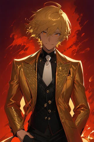 1 boy, alone, short hair, blonde hair, wavy hair, pixie cut, bangs, ahoge, orange eyes, smile, gold suit, gold jacket, black vest, black shirt, black pants, white tie, decorated clothes, perfect light, red sky, niji5, cowboy shot