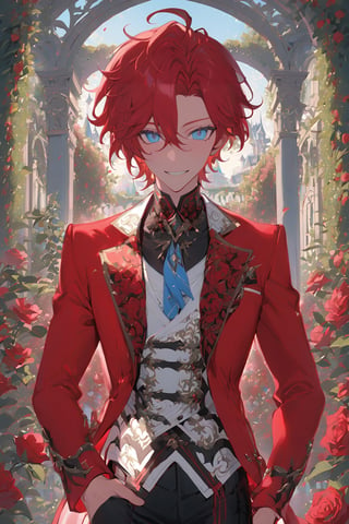 1 boy, alone, short hair, red hair, wavy hair, pixie cut, open forehead, ahoge, pale blue eyes, smile, red suit, red jacket, white vest, black shirt, black pants, blue tie, decorated clothes, light perfect, rose garden, niji5, cowboy shot