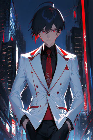 1 boy, alone, short hair, black hair, straight hair, pixie cut, bangs, ahoge, red eyes, smile, white suit, white jacket, blue vest, black shirt, black pants, red tie, decorated clothes, perfect light , night city, niji5, cowboy shot