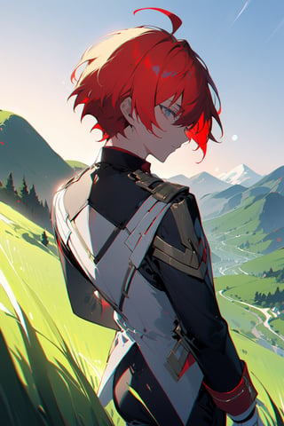 1 boy, alone, short hair, red hair, pixie cut, bangs, ahoge, gray eyes, expressionless, black suit, black tie, black jacket, white vest, red shirt, black pants, white gloves, decorated clothes, perfect light, hills, green grass