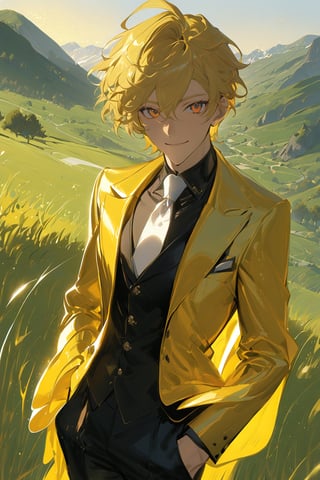 1 boy, alone, short hair, blonde hair, wavy hair, pixie cut, bangs, ahoge, orange eyes, smile, gold suit, gold jacket, black vest, black shirt, black pants, white tie, decorated clothes, perfect light, hills, green grass, niji5, cowboy shot