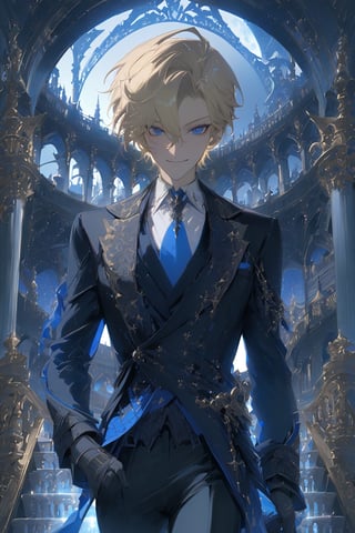 1 boy, alone, short hair, pale blonde hair, pixie cut, hair open forehead, dark blue eyes, smile, black suit, blue tie, black jacket, gray vest, white shirt, black pants, gray gloves, decorated clothing, light perfect, palace, night city, moon, niji5, cowboy shot