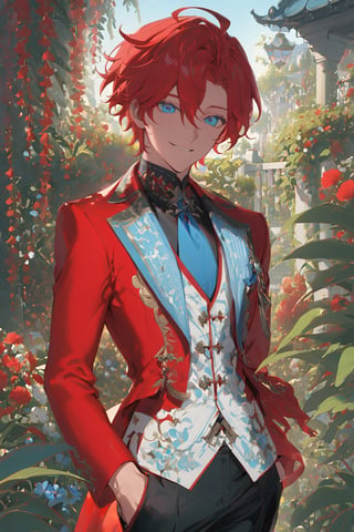 1 boy, alone, short hair, red hair, wavy hair, pixie cut, open forehead, ahoge, pale blue eyes, smile, red suit, red jacket, white vest, black shirt, black pants, blue tie, decorated clothes, light perfect, garden, niji5, cowboy shot