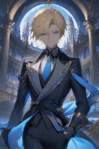 1 boy, alone, short hair, pale blonde hair, pixie cut, hair open forehead, dark blue eyes, smile, black suit, blue tie, black jacket, gray vest, white shirt, black pants, gray gloves, decorated clothing, light perfect, palace, night city, moon, niji5, cowboy shot