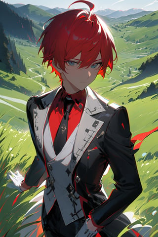 1 boy, alone, short hair, red hair, pixie cut, bangs, ahoge, gray eyes, expressionless, black suit, black tie, black jacket, white vest, red shirt, black pants, white gloves, decorated clothes, perfect light, hills, green grass,niji5