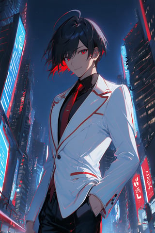 1 boy, alone, short hair, black hair, straight hair, pixie cut, bangs, ahoge, red eyes, smile, white suit, white jacket, blue vest, black shirt, black pants, red tie, decorated clothes, perfect light , night city, niji5, cowboy shot