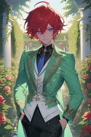 1 boy, alone, short hair, red hair, wavy hair, pixie cut, bangs, ahoge, purple eyes, smile, green suit, green jacket, white vest, black shirt, black pants, blue tie, decorated clothes, perfect light, rose garden, niji5, cowboy shot