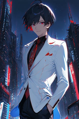 1 boy, alone, short hair, black hair, straight hair, pixie cut, bangs, ahoge, red eyes, smile, white suit, white jacket, blue vest, black shirt, black pants, red tie, decorated clothes, perfect light , night city, niji5, cowboy shot