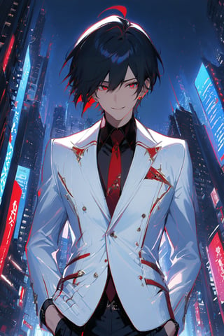 1 boy, alone, short hair, black hair, straight hair, pixie cut, bangs, ahoge, red eyes, smile, white suit, white jacket, blue vest, black shirt, black pants, red tie, decorated clothes, perfect light , night city, niji5, cowboy shot