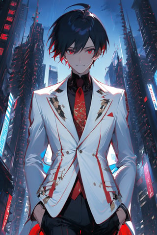 1 boy, alone, short hair, black hair, straight hair, pixie cut, bangs, ahoge, red eyes, smile, white suit, white jacket, blue vest, black shirt, black pants, red tie, decorated clothes, perfect light , night city, niji5, cowboy shot