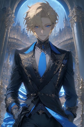 1 boy, alone, short hair, pale blonde hair, pixie cut, hair open forehead, dark blue eyes, smile, black suit, blue tie, black jacket, gray vest, white shirt, black pants, gray gloves, decorated clothing, light perfect, palace, night city, moon, niji5, cowboy shot