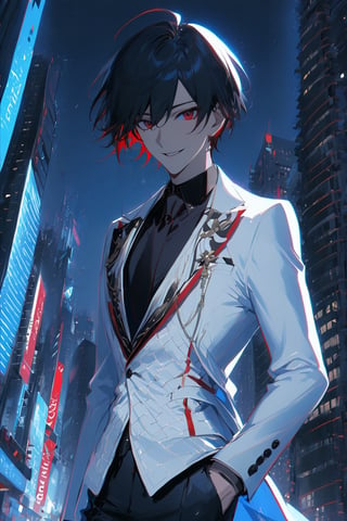 1 boy, alone, short hair, black hair, straight hair, pixie cut, bangs, ahoge, red eyes, smile, white suit, white jacket, blue vest, black shirt, black pants, pale gray tie, decorated clothes, perfect light , night city, niji5, cowboy shot