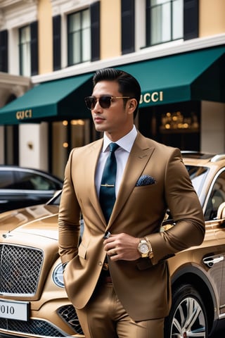 A handsome VIP Vietnamese man in a luxury suit and Gucci sunglasses stands in front of his Bentley SUV, smoking a cigar while glancing at his Vacheron gold watch. The background shows a downtoThe successful businessman stands tall in his impeccably tailored luxury suit, adorned with a sophisticated LV bag. His Gucci sunglasses shield his eyes from the bright sun as he takes a moment to enjoy his surroundings. He leans against his sleek and powerful Bentley SUV, puffing on a fragrant cigar as he glances down at his wrist to check the time on his exquisite Vacheron gold watch. The backdrop of a bustling downtown creates an interesting contrast to the serene image of the businessman taking a momentary break from his busy schedule.wn area.,r4w photo,man