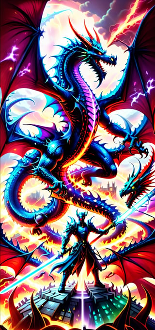 fantacy scenery, devil with his army, long sword in hand, facing towards dragon, devil ordering his army to attack on dragon's kingdom, attacking action ,black dragon flying above it's kingdom ,facing each other, realistic, 4k, highly detailed, colourfull lightening on sky