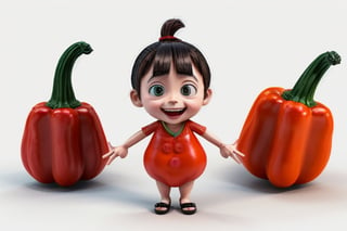 3D animation of a lively red pepper with expressive eyes, a playful smile, and animated limbs, standing freely on a white background. Fun and vibrant character design inspired by Pixar and Studio Ghibli. High resolution, detailed rendering with dynamic lighting. Digital art masterpiece by legendary animators. 8k resolution.
