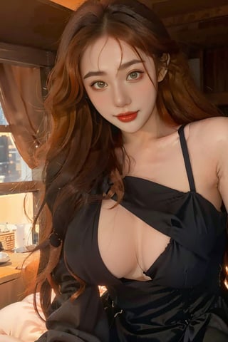 Photorealistic, beautiful, Masterpiece, HD, ultra detail eyes, 1girl,
(Orange hair:1.2),
long hair, smile, bedroom background,hk_girl wearing a long black evening dress at a party ,bul4n,Soojin ,z1l4