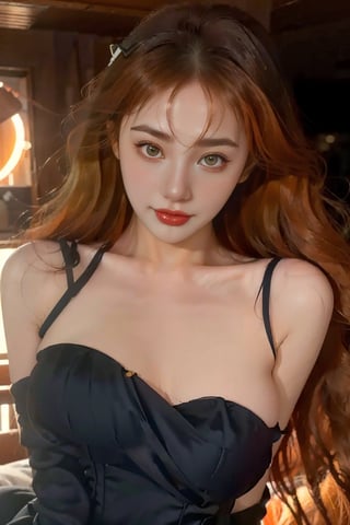 Photorealistic, beautiful, Masterpiece, HD, ultra detail eyes, 1girl,
(Orange hair:1.2),
long hair, smile, bedroom background,hk_girl wearing a long black evening dress at a party ,bul4n,Soojin ,z1l4