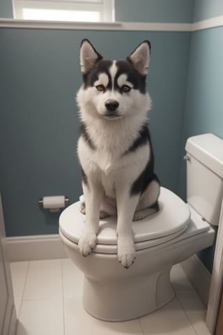 a funny  dog husky cool  , sitting on toilet, reding newspaper  cute posture,pure colour, 
digita art ,cool WC . modern toilet, cool cinmatic color , 8k , light blue and orange colors ,cinimatic lighting, 8k