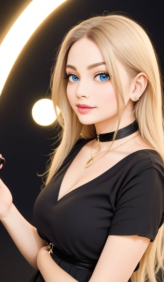 Close-up shot of a super cute blonde woman illuminated by soft, warm candlelight in a dimly lit room. Her bright locks stand out against the dark background, and her porcelain skin glows with a subtle sheen. She's dressed in all-black attire, complete with a flowing black dress and choker necklace, exuding mysterious allure. Her piercing blue eyes lock onto the camera, sparkling with mischief as she pouts slightly, showcasing her plump lipslips, realistic