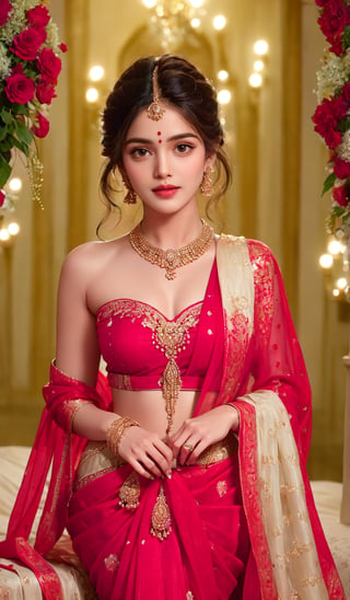 A glamorous and vivid portrait of a radiant Indian woman, draped in a vibrant red saree, tenderly resting on an ornate bed swathed in a cascade of red flowers and arranged into a heart shape. The heart is highlighted by a stunningly soft, ambient light source cast on the wall, casting the word 'LOVE' in delicate, shimmering letters. The intricate details of the woman's delicate features and the beautiful embroidery on her saree create a stunning fashion & design statement in this realistic and highly detailed image.