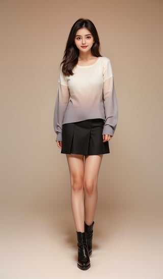 1girl, solo, long hair, looking at viewer, smile, skirt, simple background, shirt, black hair, long sleeves, brown eyes, standing, full body, pantyhose, boots, grey background, black footwear, sweater, lips, gradient, sleeves past wrists, black shirt, gradient background, grey skirt, realistic, black sweater