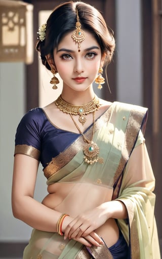 score_9,score_8_up,score_7_up, 1girl, solo, breasts, looking at viewer, brown hair, black hair, hair ornament, dress, sari, cleavage, brown eyes, jewelry, medium breasts, collarbone, upper body, earrings, necklace, hair bun, lips, makeup, sari, single hair bun, gem, full body, head to toe. 