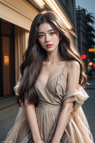 asian girl wearing an elegant top or dress at night, in the style of iconic album covers, neon-infused digitalism, animated gifs, light purple and light amber, i can't believe how beautiful this is, soft-focus portraits, chicano-inspired --ar 1:2 --stylize 750 --v 6