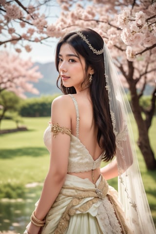 A serene outdoor setting, with cherry blossoms and meadows in full bloom. A radiant bride, dressed in a stunning gradient-hued wedding dress, stands amidst the natural beauty, her delicate facial features illuminated by soft, warm light. Her long, blonde hair flows gently in the breeze, as petals from the blooming trees float around her. The camera captures multiple angles, showcasing the intricate details of her outfit, including the transparent cloth draped across her shoulders and the bridal veil flowing behind her. Her eyes, a mesmerizing blend of blue and green, sparkle with joy. In the distance, angelic wings unfold from her back, as if she's about to take flight, surrounded by the breathtaking scenery.